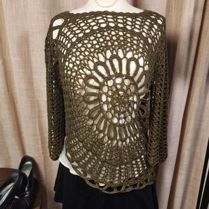 Westport 1962 Olive Crochet Top L Boho Asymmetrical Medallion Open Knit